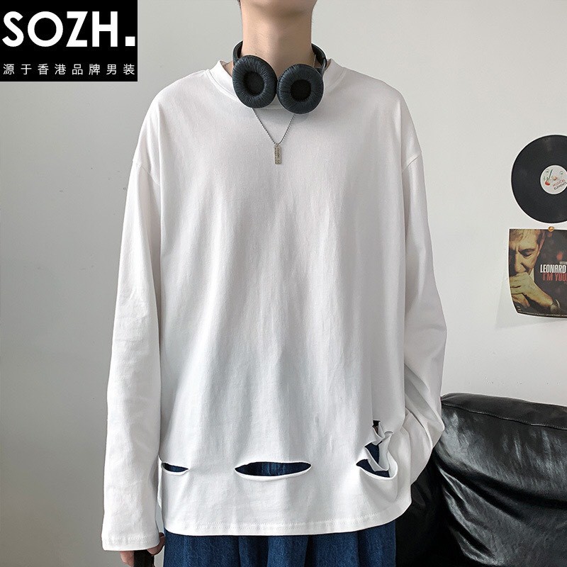 Áo thun tay dài trơn 194SHOP vải 36/36 coton mềm mịn, co dãn, form rộng phong cách Hàn Quốc - cắt rách kiểu