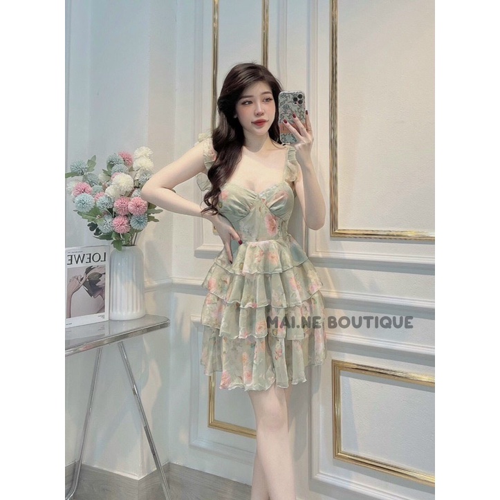 Váy đầm hoa cúp ngực cánh tiên dáng xòe ngắn tiểu thư sang chảnh