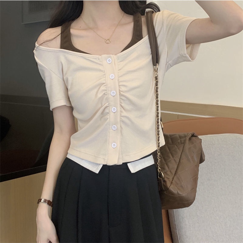 Áo Thun Ngắn Tay Giả Hai Lớp Màu Sắc Tương Phản Phong Cách Hàn Quốc Dành Cho Nữ