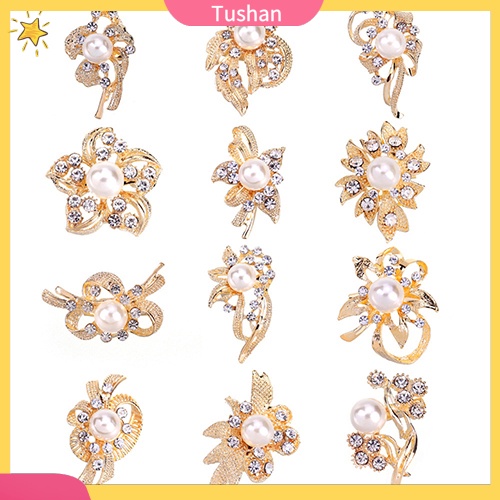 Trâm Cài Áo Hình Hoa Đính Đá &amp; Ngọc Trai Giả 12 Cái