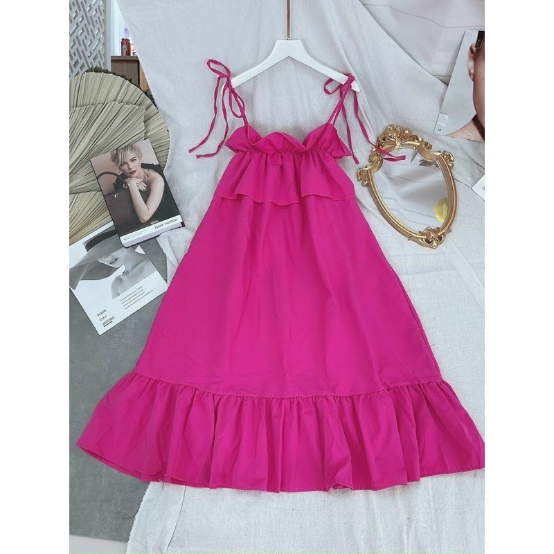 Đầm hồng xoè , Đầm babydoll xoè cổ bèo cột dây | BigBuy360 - bigbuy360.vn