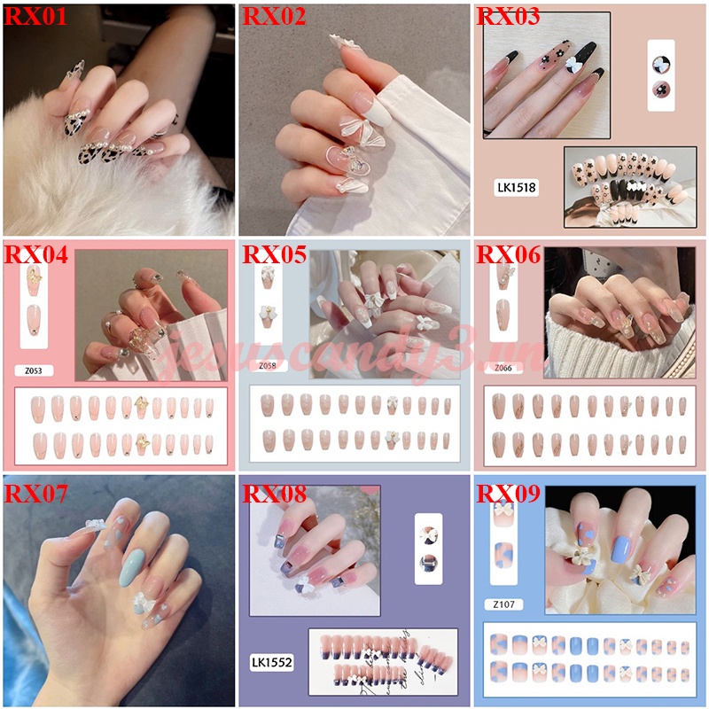 Bộ 24 Móng Tay Giả Màu Trắng Hồng Đính Đá Trang Trí Thời Trang Kèm Keo Dán / móng tay giả kèm keo