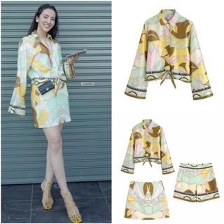Set áo lụa tay dài và chân váy họa tiết zara xuất xịn tqxk