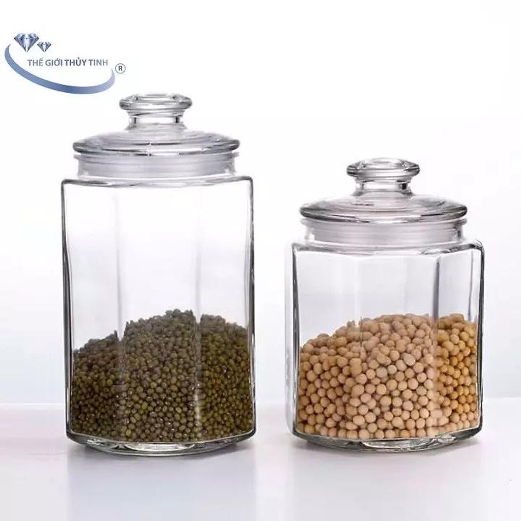 Hũ Lục Giác Thủy Tinh Dày Đẹp Có Nắp Đậy Ron Silicon Kín Dung Tích 550, 990, 1500, 2000ml - Hũ Đựng Thực Phẩm