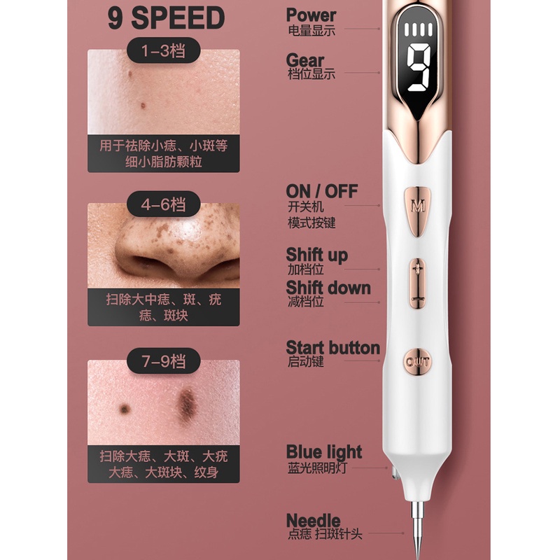 9 cấp độ LCD Mặt da Da vết thâm Xóa nốt ruồi Xóa hình xăm bằng Laser Plasma Máy Pen trên khuôn mặt Xóa tàn nhang Tag mụn trứng cá Xóa vết thâm Chăm sóc sắc đẹp