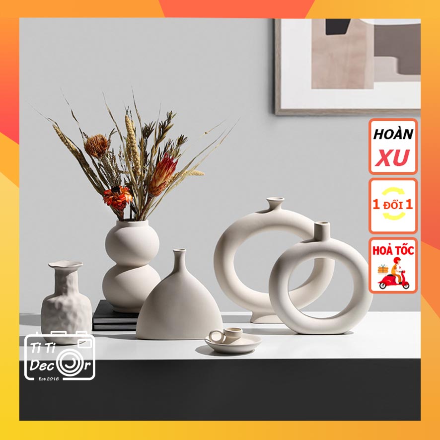 Bình Sứ Cắm Hoa Trắng TiTi Decor Lọ Gốm Cắm Hoa Trang Trí Cửa Hàng Phong Cách Hàn Quốc Minimalism