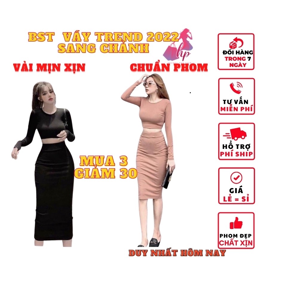 Set Váy Nữ Áo Croptop Mẫu Trơn Tay Dài Ôm Body Siêu Tôn Dáng - Hàng Có Sẵn -VD21
