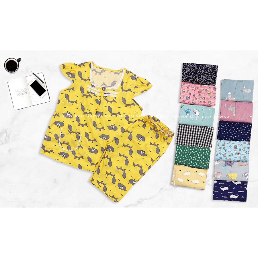 [HANNA] Đồ bộ bầu lửng mặc ở nhà free size 40-60kg vải cotton họa tiết dễ thương mát thấm mồ hôi tốt cho mùa hè có lưng