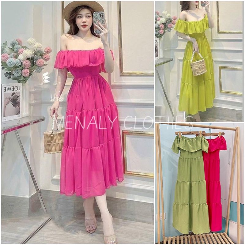 Đầm xòe nữ dáng dài trễ vai VH205, váy maxi đi biển trễ vai dáng dài qua gối tay bồng thướt tha
