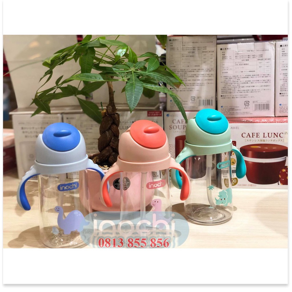 Bình nước trẻ em Inochi chịu nhiệt Goki Dino 470ml Binh tập uống nước cho bé có tay câm