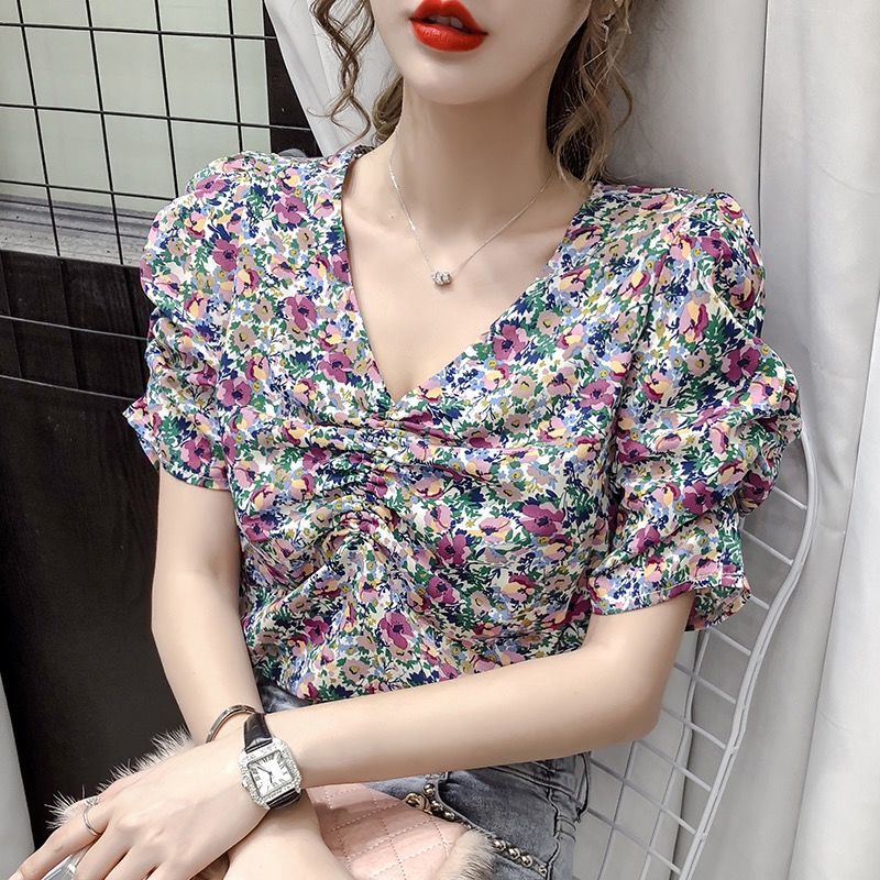 Áo Sơ Mi Chiffon Tay Ngắn Phồng Cổ Chữ V Họa Tiết Hoa Thời Trang Mùa Hè Phong Cách Hàn Quốc Mới Dành Cho Nữ