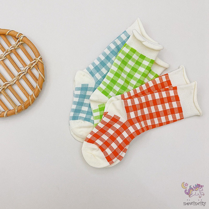 3 Đôi tất bằng cotton Họa tiết kẻ sọc ca rô màu kẹo phong cách hàn quốc size vừa cho bé trai và bé gái