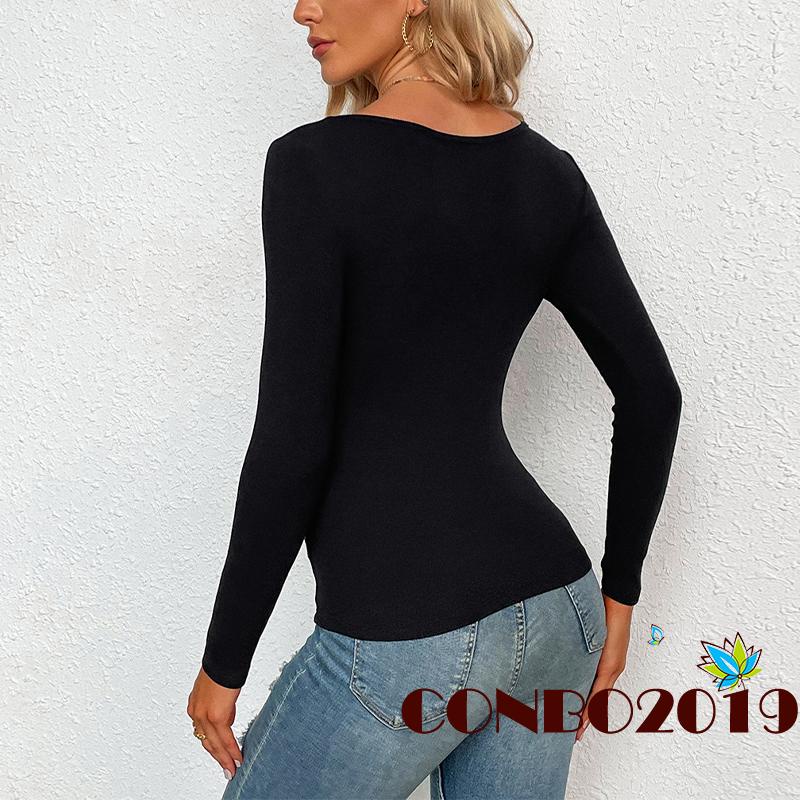 HGM-Women´s T-Shirt Solid Color Long Sleeve V-Neck Design Hollow Slim Fit Versatile Casual Tops