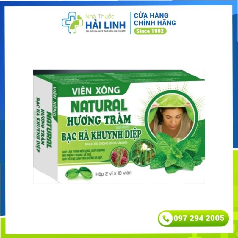 Viên xông Hương tràm NATURAL ⚡ Nhà thuốc Hải Linh ⚡ Hộp 20 viên Giúp phòng cúm, sát khuẩn mũi họng