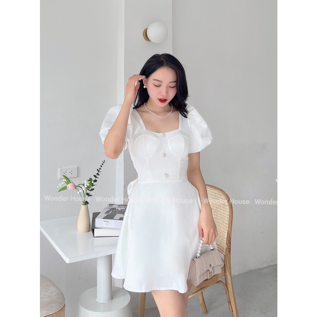 Đầm thiết kế WONDERHOUSE cổ vuông tay bồng nơ sau dự tiệc, dạo phố chất cotton dày dặn form tôn dáng - Sara Dress