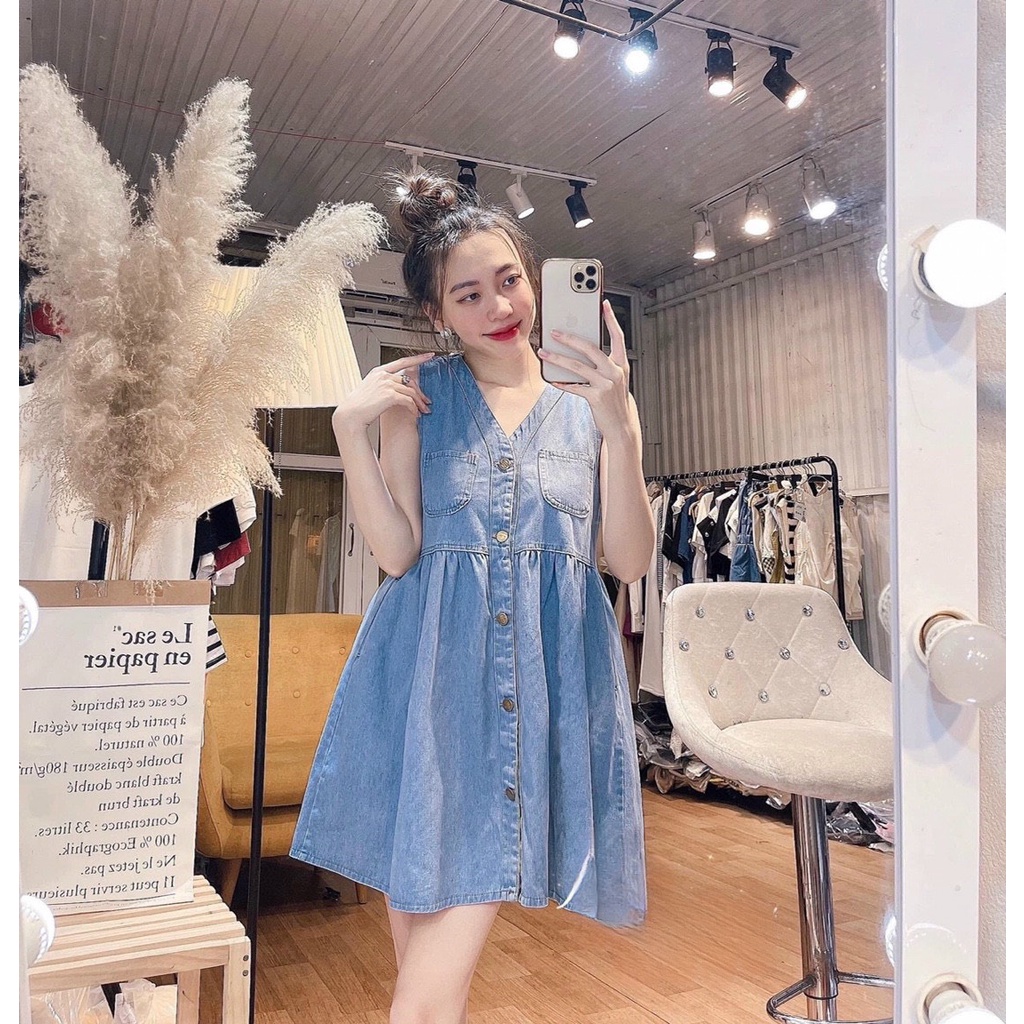 Đầm Jeans Nữ 3 Lỗ Dáng Ngắn 🦋 Váy Nữ Xòe Vải Bò Cúc Cài FullSize 🦋