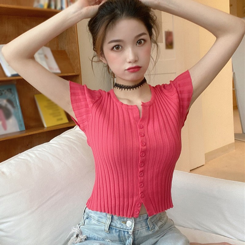 Áo Khoác Cardigan Ngắn Tay Cổ Chữ V Phối Nút Xinh Xắn Dành Cho Nữ