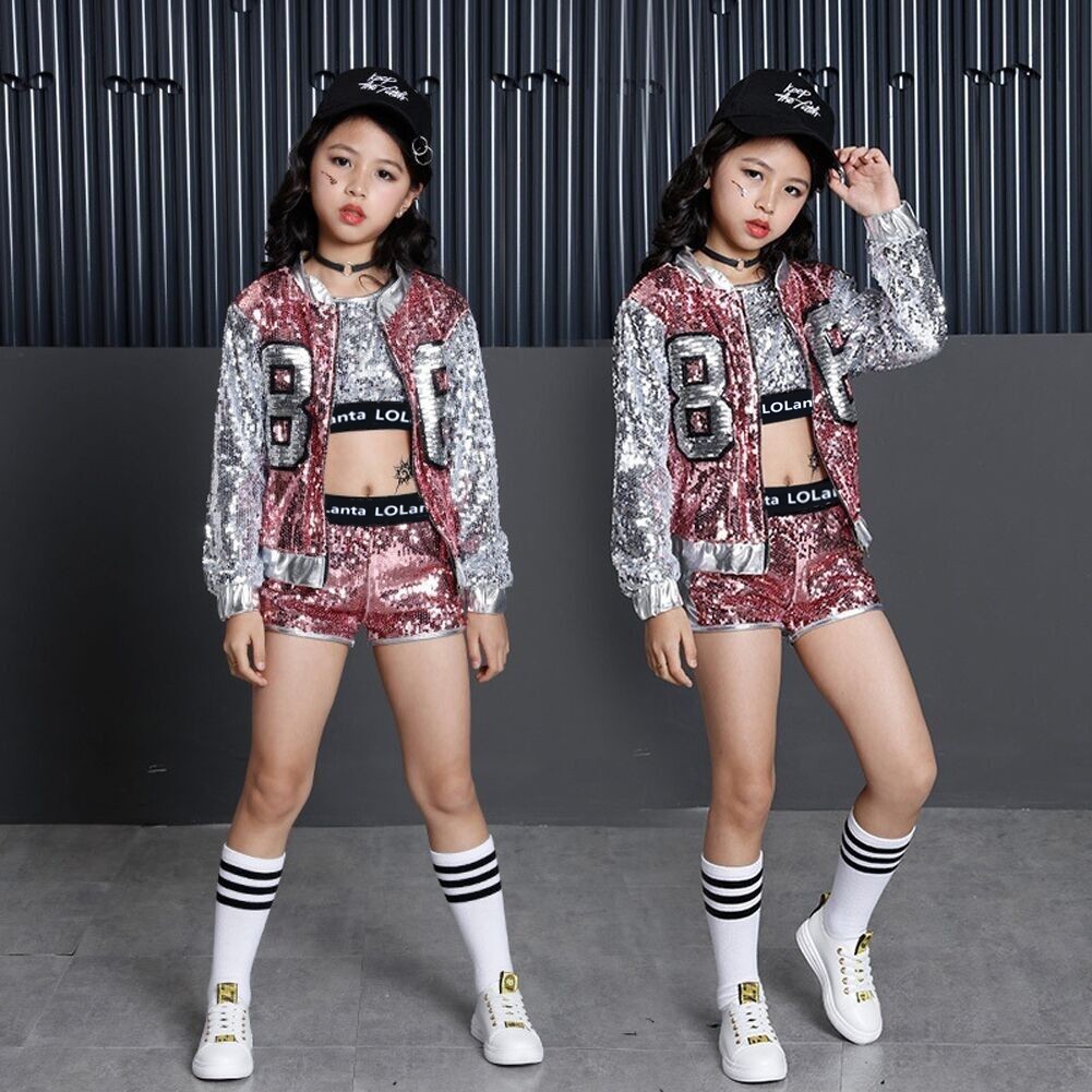 Set quần áo crop-top kèm áo khoác đính kim tuyến lấp lánh 3 món phong cách Hip-hop cho bé gái