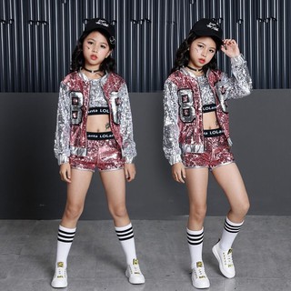 Set quần áo crop-top kèm áo khoác đính kim tuyến lấp lánh 3 món phong cách Hip-hop cho bé gái