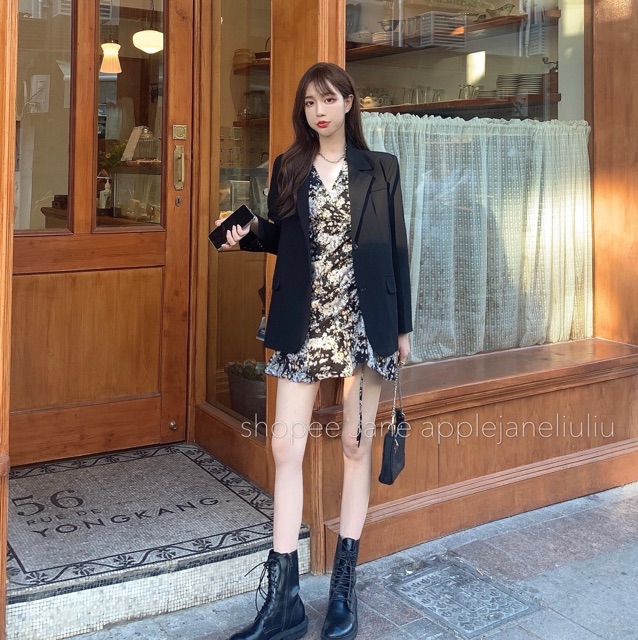 JANE’S Đầm hoa nhí tông đen ôm cổ tim đuôi cá + áo khoác vét nữ đen Blazer trẻ trung Z9 ẢNH THẬT CUỐI