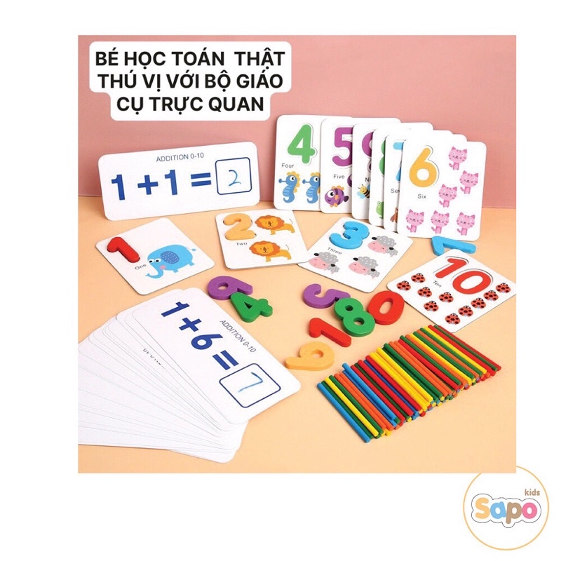 Bộ thẻ học ghép số kèm que tính giúp bé học đếm,đồ chơi toán học Montessori