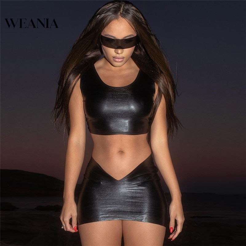 Set Áo Tank Top Cổ Chữ U + Chân Váy Da PU Lưng Thấp Phong Cách Quyến Rũ