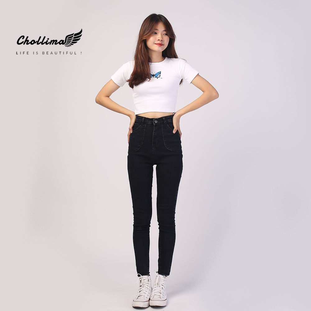 Quần jeans nữ co giãn Chollima cạp siêu cao đắp 2 túi tròn QD003 phong cách hàn quốc