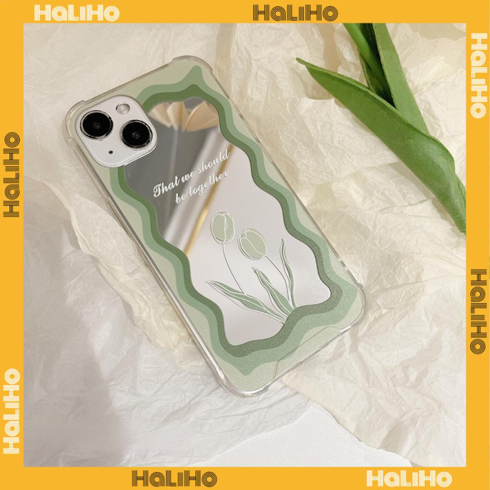iPhone Case Acrylic Reflective Mirror Airbag Shockproof Protection Camera Green Tulip Flower Compatible with iPhone 11 iPhone 13 Pro Max iPhone 12 Pro Max iPhone 7 Plus iPhone xr