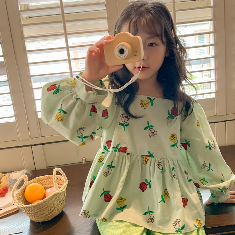 Áo Sơ Mi Cotton Tay Phồng Dáng Dài Họa Tiết Hoa Phong Cách Hàn Quốc Thời Trang Mùa Thu Dành Cho Bé Gái