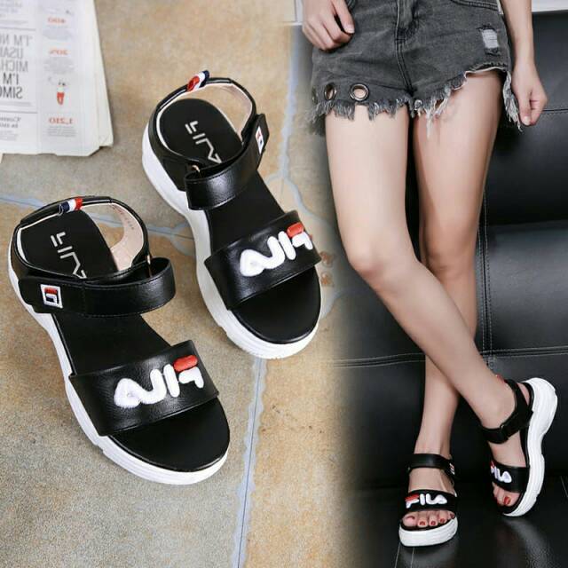 Giày Sandal Fila Dnps436 Chất Liệu Da Màu Trắng Đen Phong Cách Hàn Quốc Cho Bé Gái