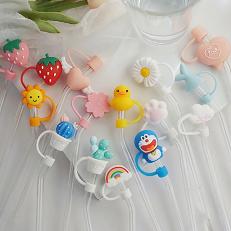 Hoạt Hình Dễ Thương Ống Hút Silicone Cắm Resuable Chống Nắp Đậy Ống Hút Kính Ống Hút Inox Ống Hút
