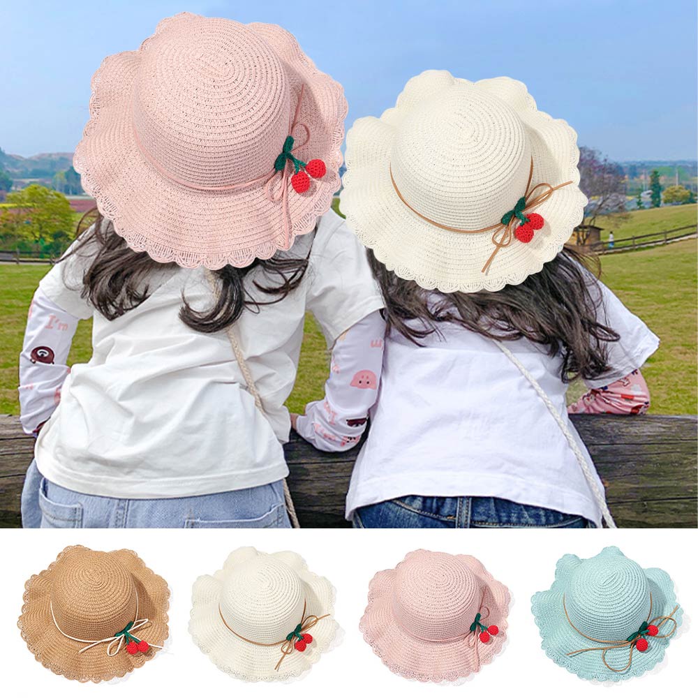 Túi/ mũ cói rộng vành đính quả cherry dễ thương thời trang cho bé gái
