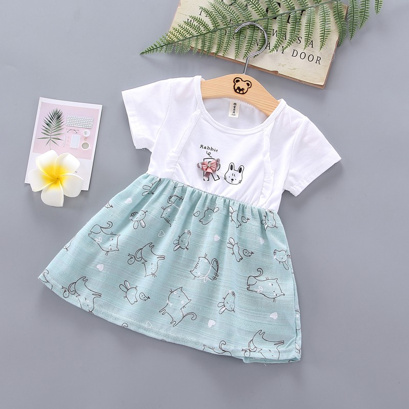 DUDUBABA Summer Casual Baby Girls Cartoon Animal Pattern Short Sleeve Patchwork Dress 0~4 Years Old