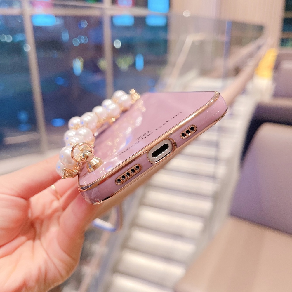 Ốp điện thoại màu trơn đính dây đeo ngọc trai nhân tạo sang trọng cho iPhone 12 11 Pro Max XS Max XR X 8 7 Plus