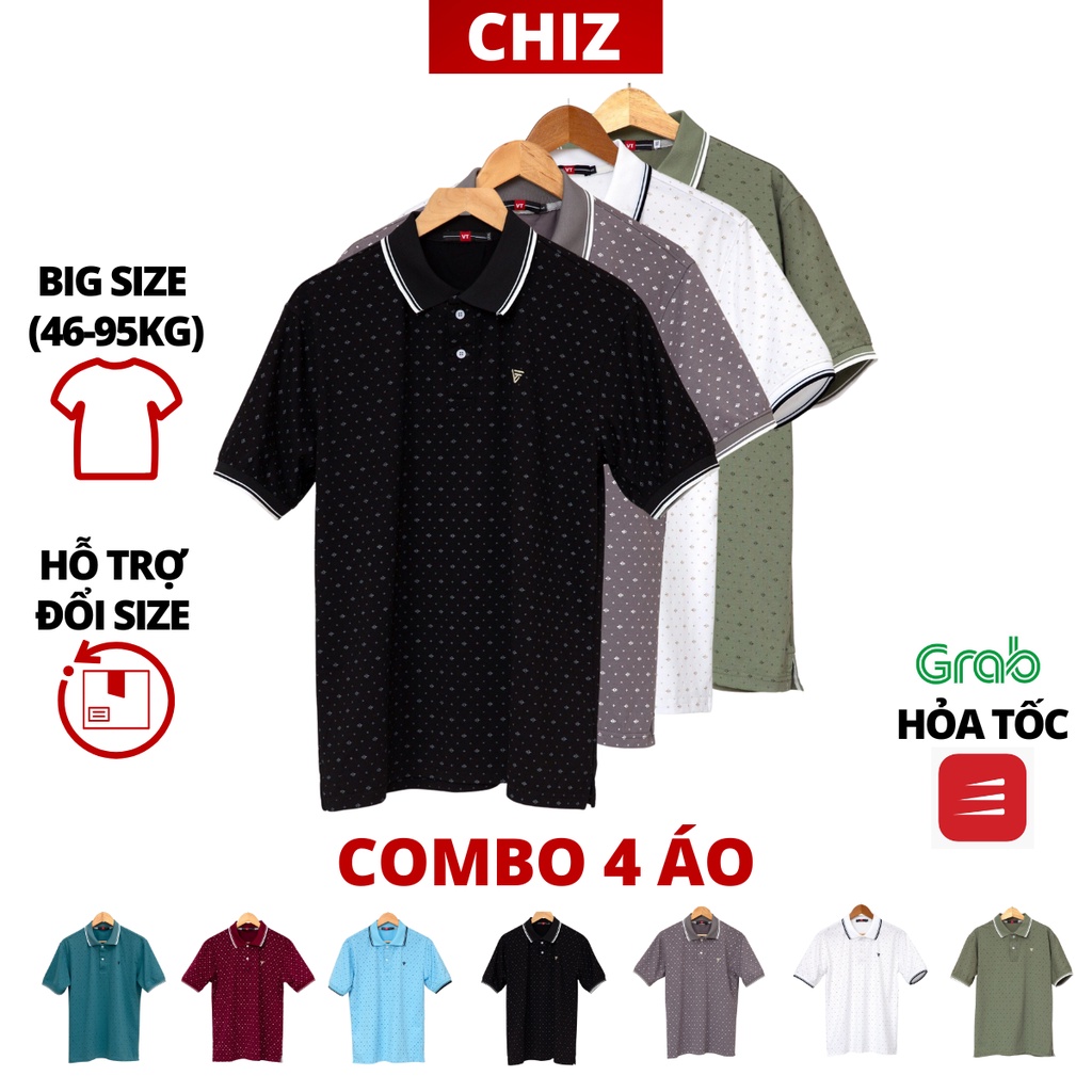 Áo thun polo nam trung niên big size đại cho bố CHIZ vải cotton cao cấp co giãn|COMBO 4 ÁO