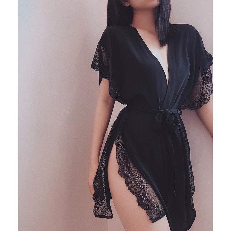 Choàng ngủ kimono chất lụa phối ren sexy quyến rũ