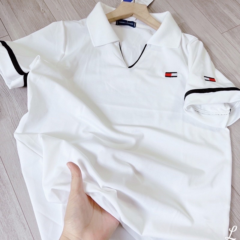 Áo Polo Trắng Viền Đen Cổ Chữ V Áo Phông Polo Trắng Đen Cho Bạn Nữ