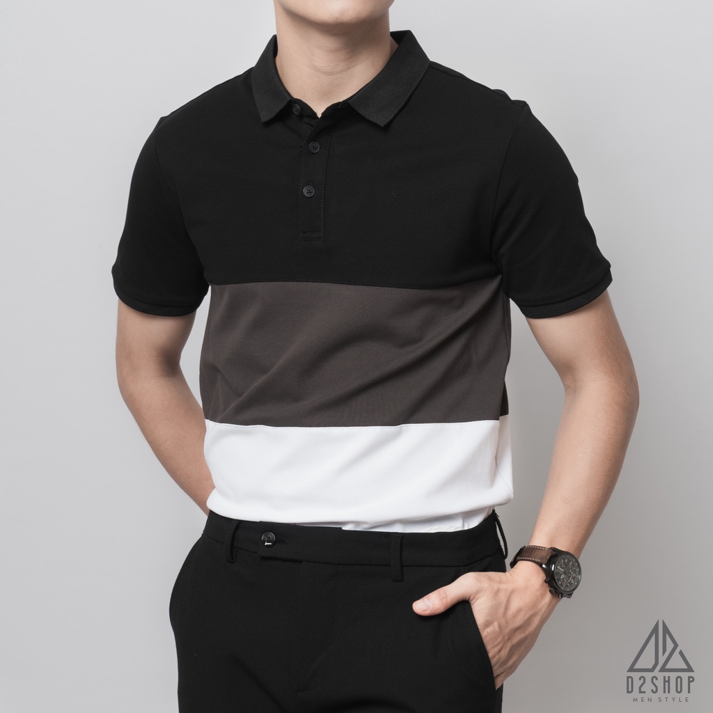 Áo thun polo nam D2shop, áo polo nam phối 3 màu đen xám trắng