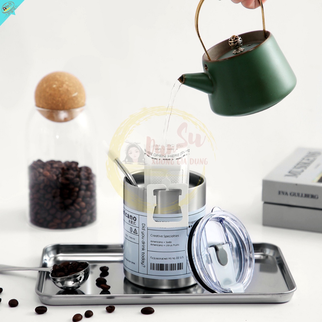 Cốc Nước Giữ Nhiệt Iced Americano 350ML Giữ 6H Mini Ly Giữ Nhiệt Có Ống Hút Ly Uống Coffee Bình Giữ Nhiệt Inox 304 DunSu
