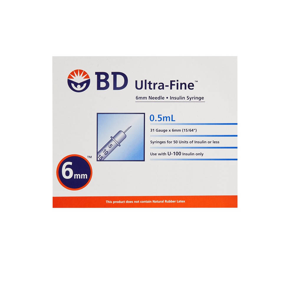 Bơm tiêm insulin Becton Dickinson Ultra-Fine™ 6mm, 0.5cc 31G dành cho người điều trị tiểu đường, hộp 10 túi (10 cây/túi)