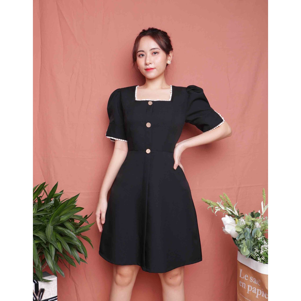 Đầm công sở đen cổ vuông thiết kế chữ a sang trọng trẻ trung tay ngắn thời trang eo che bụng hợp đi làm đi chơi – Lux W | BigBuy360 - bigbuy360.vn