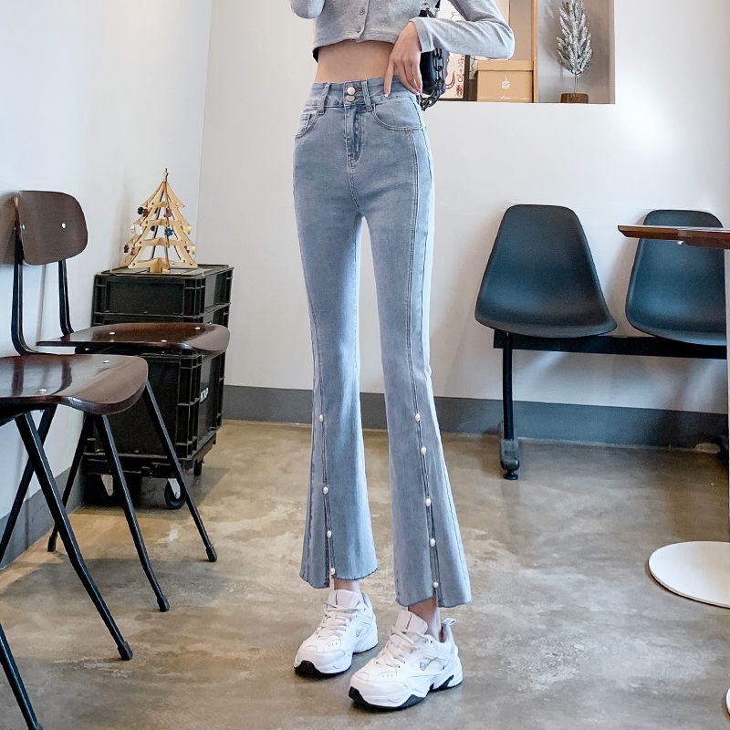 Quần jean cho nữ lưng cao ống rộng màu trắng đính hạt ngọc trai phong cách mới mùa thu 2022