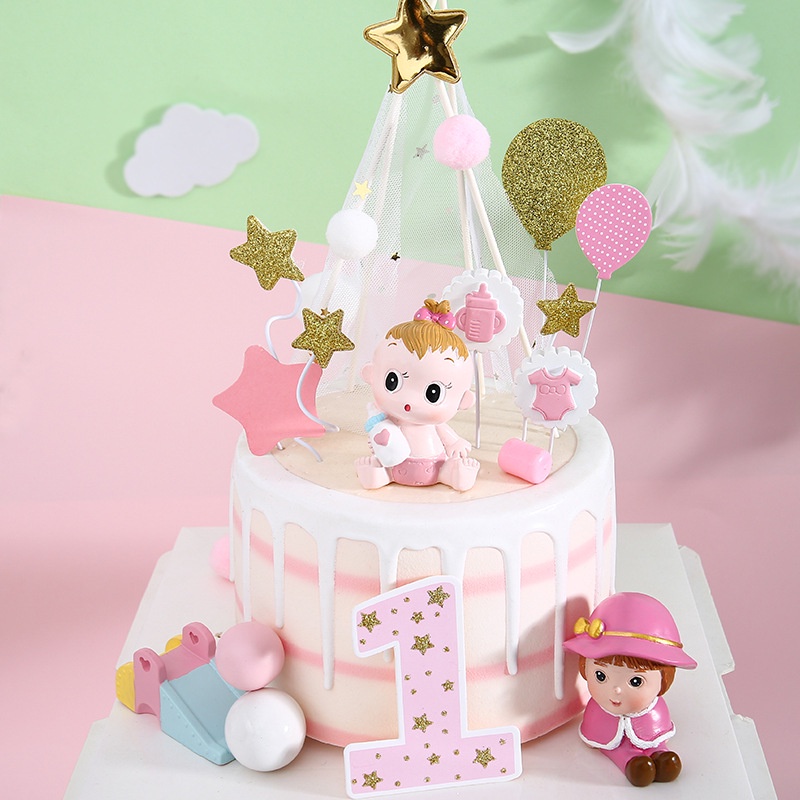 Phụ kiện bánh kem  Cặp đôi em bé bình sữa - Phụ kiện trang trí bánh kem