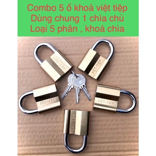 Combo 5 ổ khóa việt tiệp dùng chung 1 chìa ( loại 5 phân , khóa giữ chìa , gồm 5 chìa sơ cua )