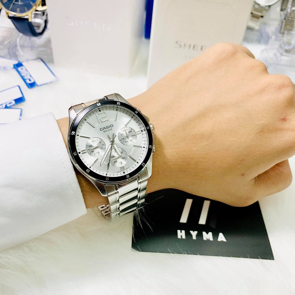Đồng hồ nam dây thép 6 kim Casio MTP 1374D-7AV Mặt trắng chống nước 5ATM Size 42mm Bảo hành 1 năm Hyma watch