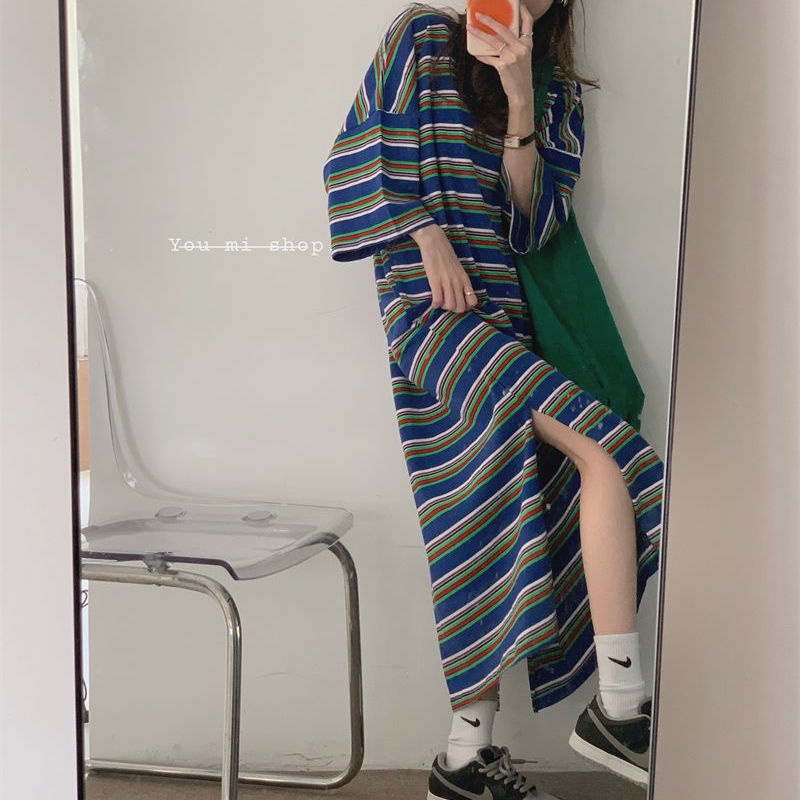 ♘☬Đầm Thun Dáng Dài Form Rộng Họa Tiết Kẻ Sọc Phong Cách Retro Pháp Thời Trang Mùa Hè Cho Nữ