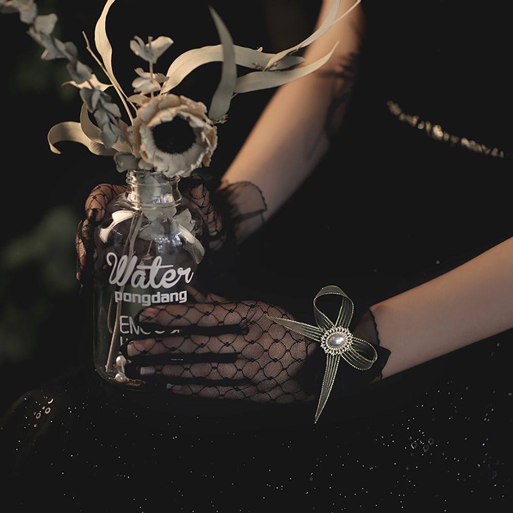 Găng Tay Lưới Toàn Bộ Ngón Tay Đính Nơ Và Ngọc Trai Thanh Lịch Cho Cô Dâu