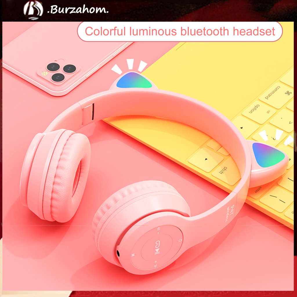 Tai nghe bluetooth 5.0 không dây thiết kế tai mèo phát sáng tiện dụng mang đi du lịch Bur_P47