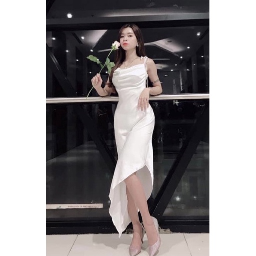 Đầm Lụa Dự Tiệc Tà Xéo Cao Cấp - Váy Lụa Cổ Đổ Sang Chảnh - Hai Dây Cổ Đổ Dáng Dài Tôn Dáng