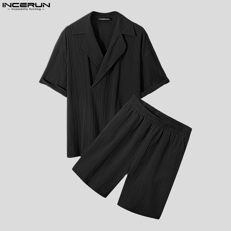 Set áo sơ mi ngắn tay + quần short INCERUN màu trơn cho nam